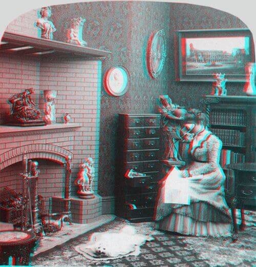 3D Anaglyph Image of a Lady Looking into a Stereoscope