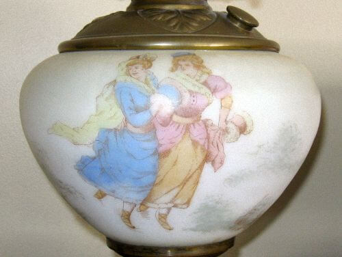 Hand Painted Ceramic Oil Container on an Antique Lamp