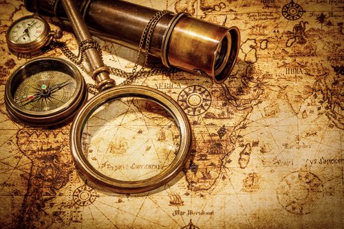 Antique Map, Compass, Watch, and Telescope