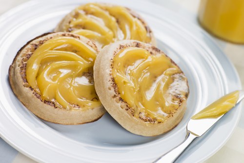 Homemade Lemon Curd Spread on Toasted Crumpets