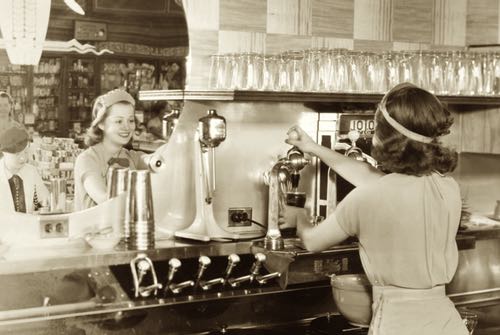 Soda Fountain Girl Making a Soda