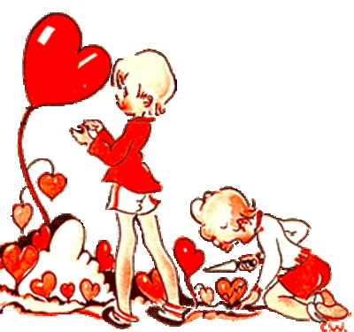 Vintage Valentine Drawing of Toddlers Tending Valentine Flowers
