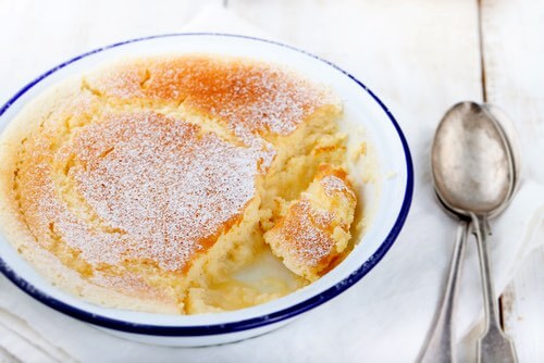 Lemon Cake Pudding on a Serving Dish