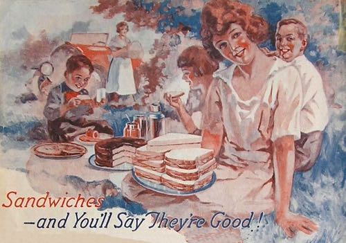 Vintage 1920 Illustration of a Family Enjoying Picnic Sandwiches with the Caption, You'll Say They're Good