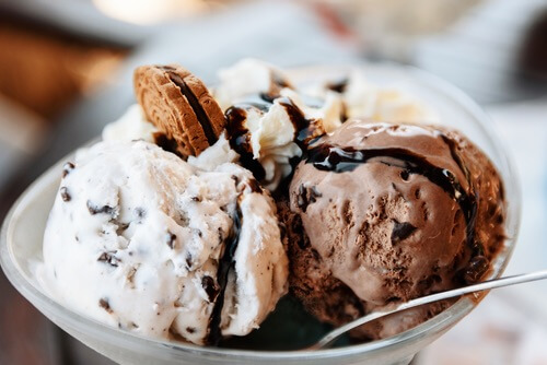 Homemade Ice Cream Sundae with Chocolate Sauce and Cookie