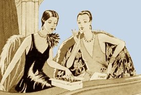 Vintage Illustration of Fashionable Ladies Enjoying a Box of Opera Creams
