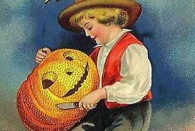 Vintage Illustration of a Young Boy Carving a Pumpkin